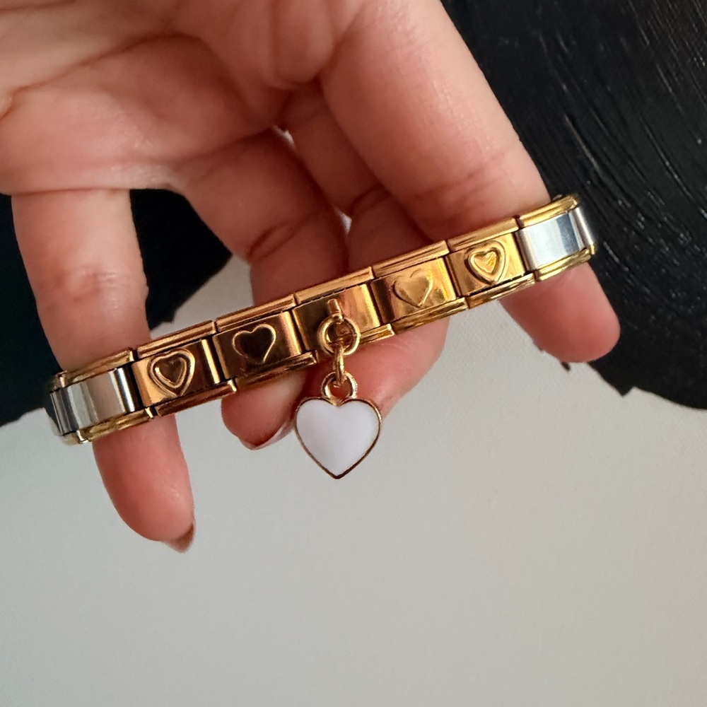 Gold Heart Italian Charm Bracelet with White Heart Dangle – Romantic Minimalist